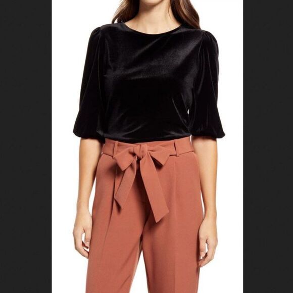 Halogen Black Velour Bubble Sleeve Top - Picture 1 of 5